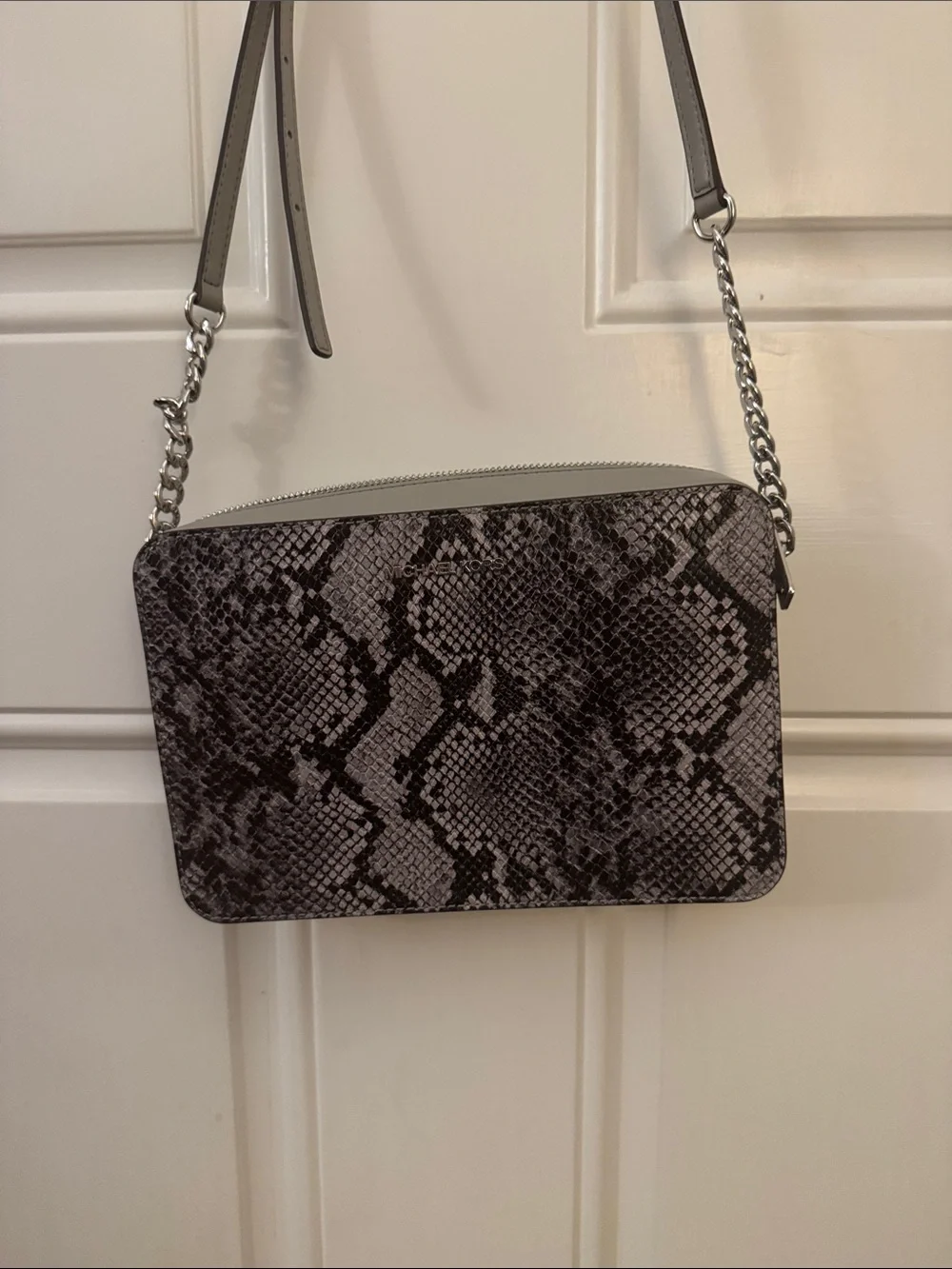 Michael Kors Grey Snake-Print Crossbody with Chain Strap